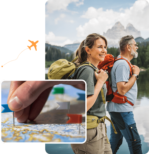 Smiling hikers by mountain lake with map pins